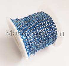 Стразовая цепь SS6 (1,9-2,0 мм).Цвет №27 синий.Оправа серебро,1 м