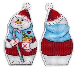 ТМ Жар-птица | Набор для вышивания на пластиковой канве "Снеговик с угощениями". Размер - 7 х 13 см